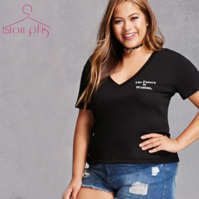 Base Style Letter Female T-Shirt Big Sizes 7XL 6XL 5XL 2017 Summer V-Neck THE FUTURE IS WOMAN Print Black T Shirt Women Oversize | Женская