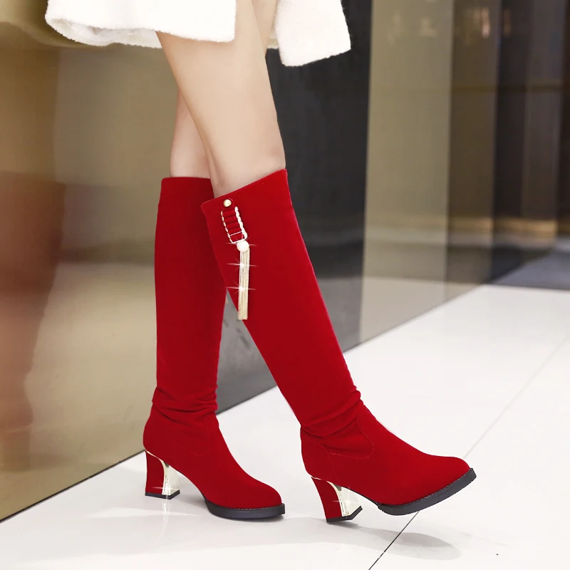 Большие размеры 34-43; женские ботинки; женская обувь; Модные женские зимние сапоги на высоком каблуке для вечеринок; цвет черный, синий, красный