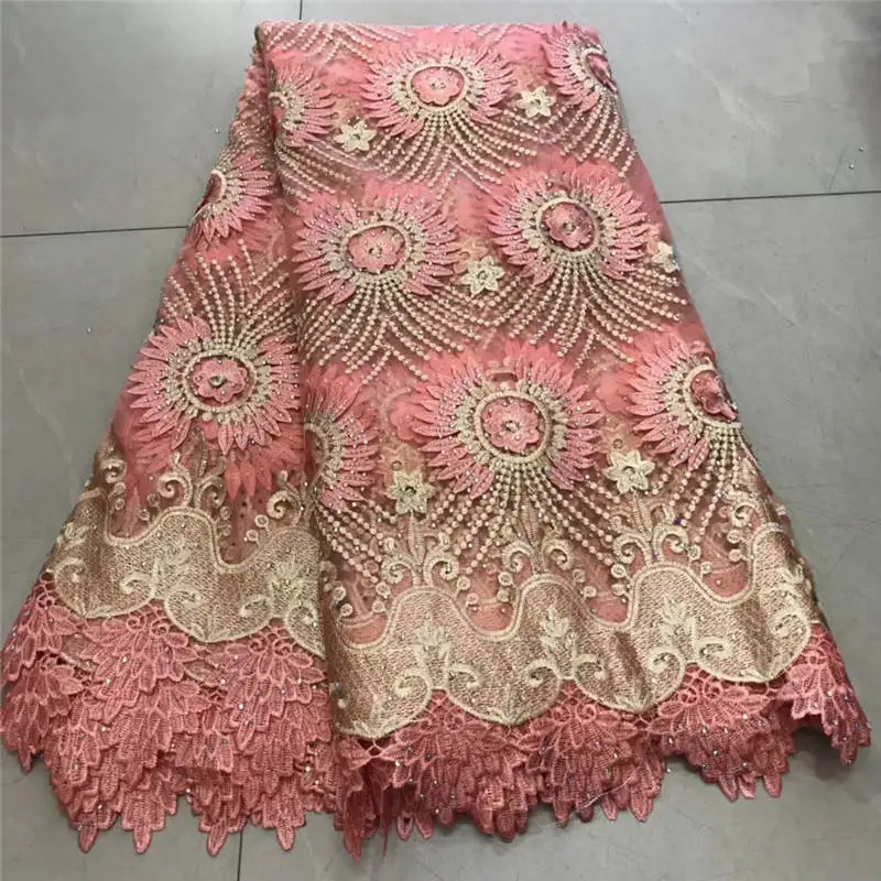 

African Lace Fabric 2019 High Quality Tulle embroidered Nigerian Lace Fabric with Stones for lady dress Decoration 5 yards