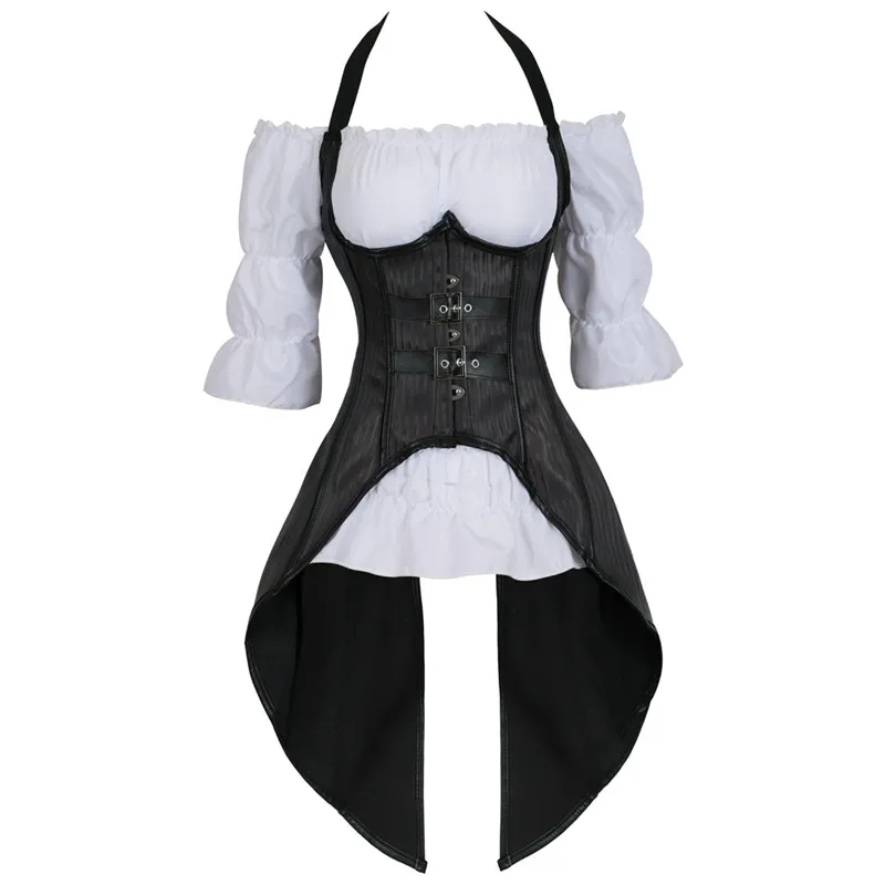 Steampunk Bustiers Corset Long Straps Top Vest with White Gothic Blouse Plus Size Black Burlesque Costume Two Pieces Korsett
