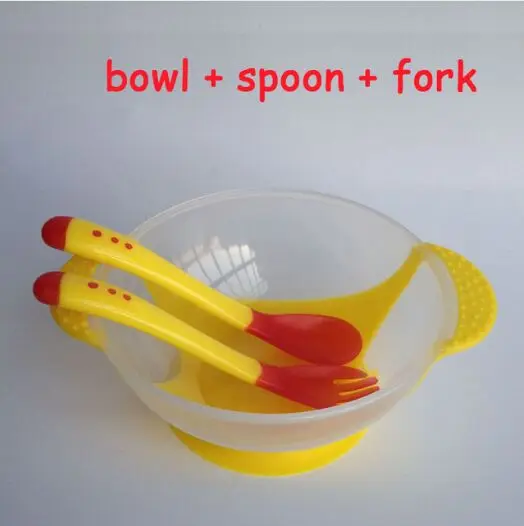 Набор детской посуды, ложка для кормления с чувствительным температурой, детская миска для еды, обучающая посуда, тарелка для обслуживания/поднос, всасывающая кормушка-чашка - Color: 3 PC Yellow