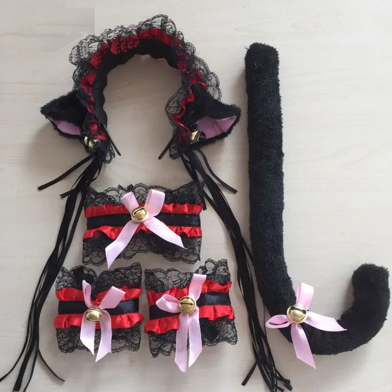 

5PCS/Set Headwear Cat Fox Fur Ears Cosplay Anime Neko Kawaii Costume Headband+Tail Wristbands Cute Accessories