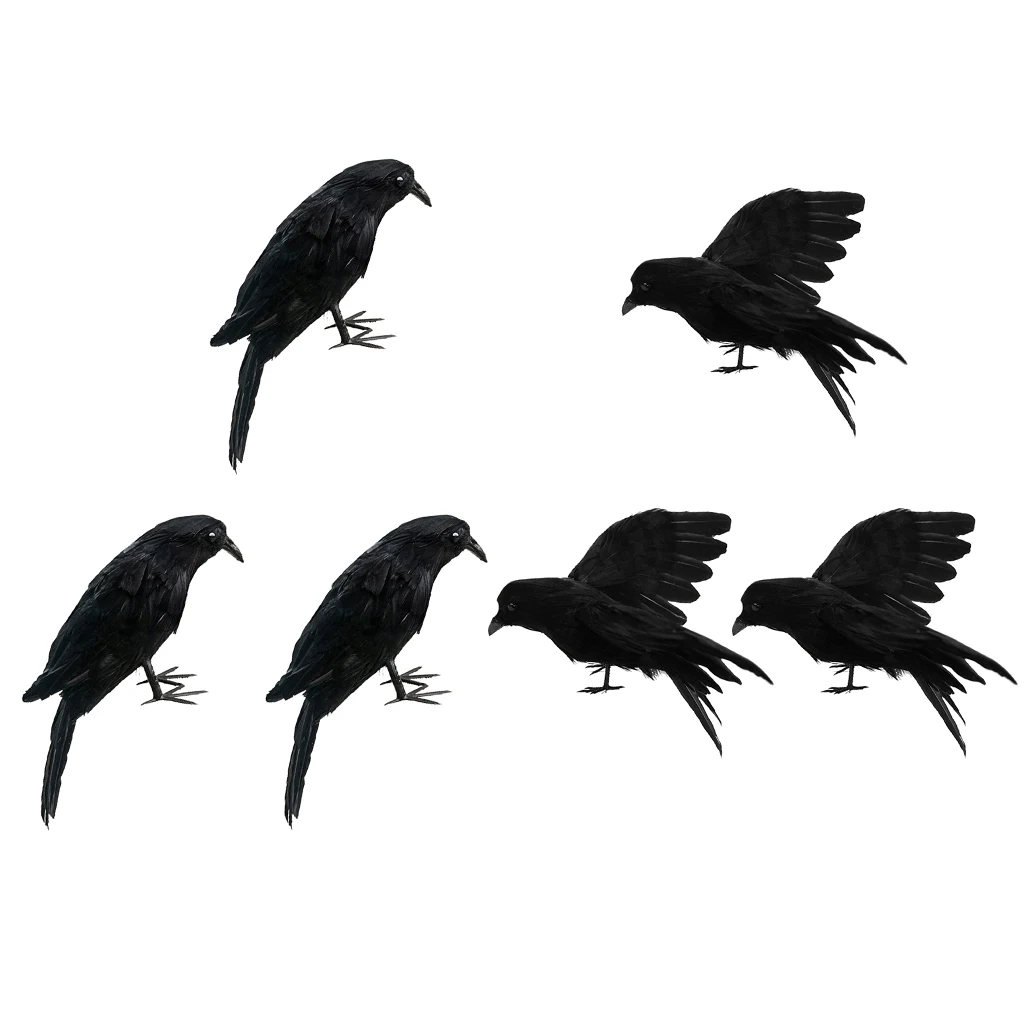 Set 6 Pieces Artificial Realistic Woodland Birds Black Raven For Garden Tree Wedding Party Decoration