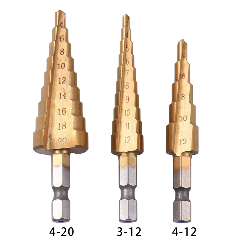 

3pcs/set Titanium Step Core Drill Bits 3-12mm 4-12mm 4-20mm HSS Power Tools High Speed Steel Wood Metal Drilling