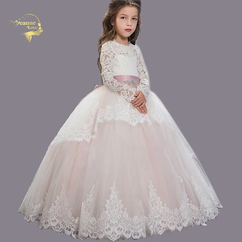 

abito fiori Blush Pink Glitz Pageant Dresses for Girls Open Back Long Sleeves First Communion Dress Tutu Ball Gowns Baby Costume