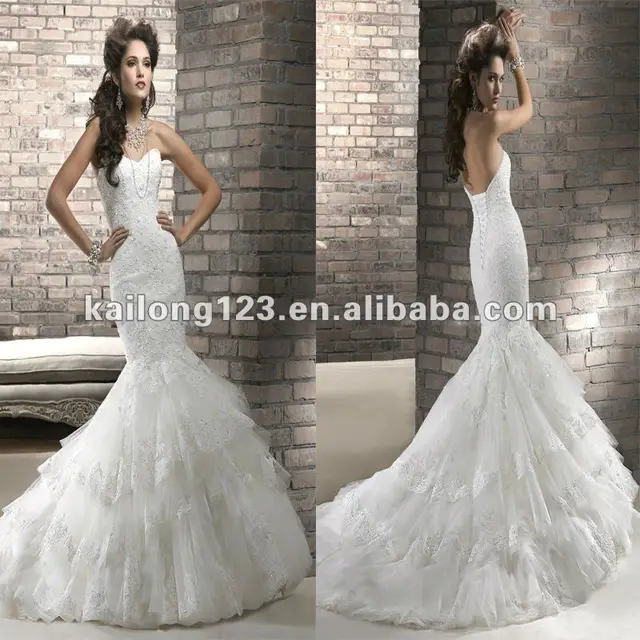 Intricate Sweetheart Mermaid Chapel train Ivory Fit and Flare Beaded Lace Applique Tulle Satin