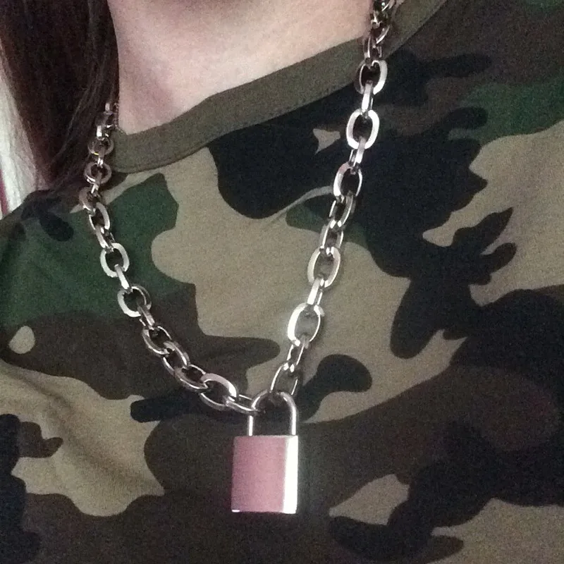 

Men Women Unisex Rock Peck 100% Handmade Chain Choker Metal Necklace Square Lock Lockable Collar Heavy Duty Choker Necklace