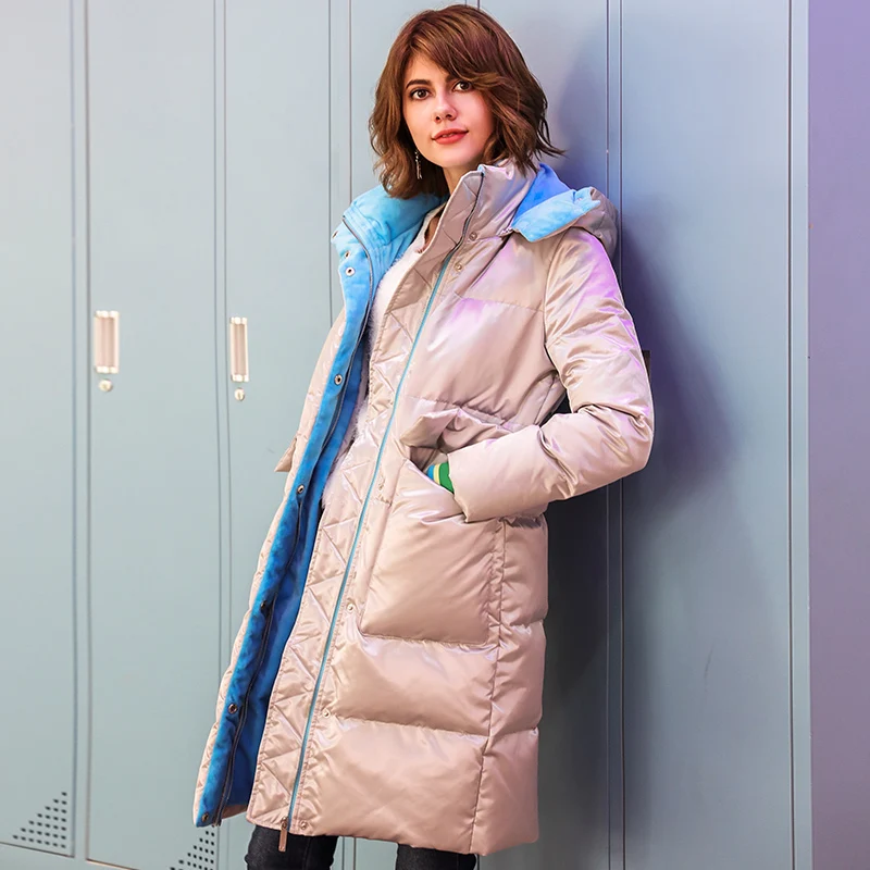 

Female Winter Outerwear Warm Hooded Down Jacket 2018 Korea Women Fashion Silver Parkas Casual Loose Plus Size Zippers Long Coats