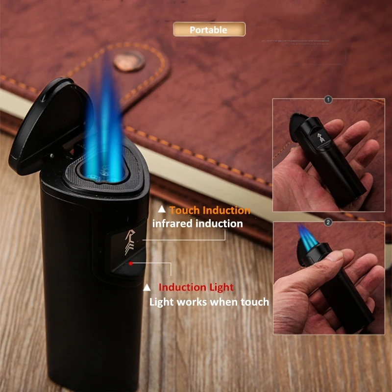 

Touch Induction Cigarette Lighter Strong 3 Flame Straight Lighter Infrared Induction Butane Gas Lighter Refillable Cigar Gunjet