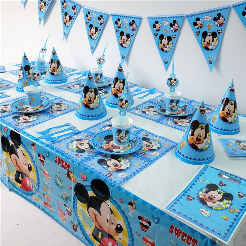 Kids Birthday party cake stand cups straws plates hats bunting mickey mouse fork