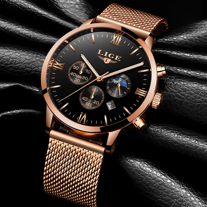 LIGE Top Luxury Brand Ultra-thin Business Quartz Watch Men's Casual Mesh Steel Gold Waterproof Sport Watch Man Relogio Masculino
