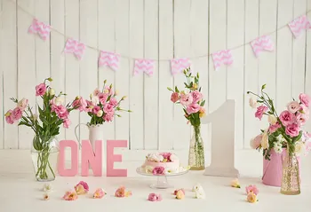 

Photography Backdrops Newborn Flowers Cake Celebration Baby 1st Birthday Wood Wall Photo Background Vinyl fondo para fotos