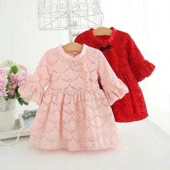 

Wholesale 5pcs/lot Chinese Style Lace Girls Dress Baby Girls Dresses Children Clothing Toddler Girl Clothing red pink 0-2T