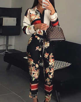 

2019 Bohemian Women Fashion Elegant Floral Print Turn-Down Neck Jumpsuit Casual Long Sleeve Workwear Party Romper
