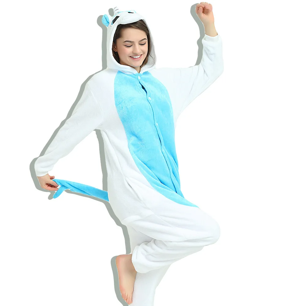 Cosplay Costume Flannel Pajamas Adults Anime Animal Onesies Sleepwear Kigurumi Women Men Unicorn Stitch Pikachu Winter Pajamas - Цвет: Blue Unicorn