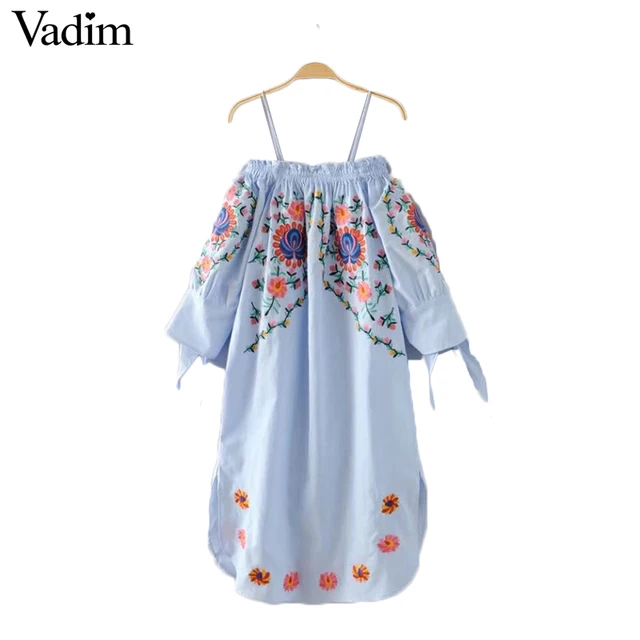 Vadim женщины с плеча цветок вышивка спагетти ремень dress bow tie рукавом сторона сплит дамы повседневные платья vestidos QZ2964