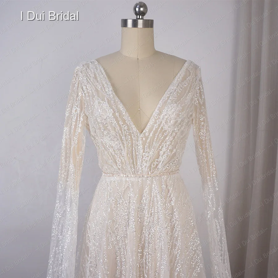 Блестящее свадебное платье с длинным рукавом до пола v-образным вырезом линия свадебное платье