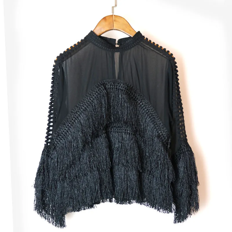 

2019 Summer Women Elegant Lace Tassel Blouse Femme Chiffon Shirts Tops Long Sleeve Blusas Feminina Hollow Out Blouses