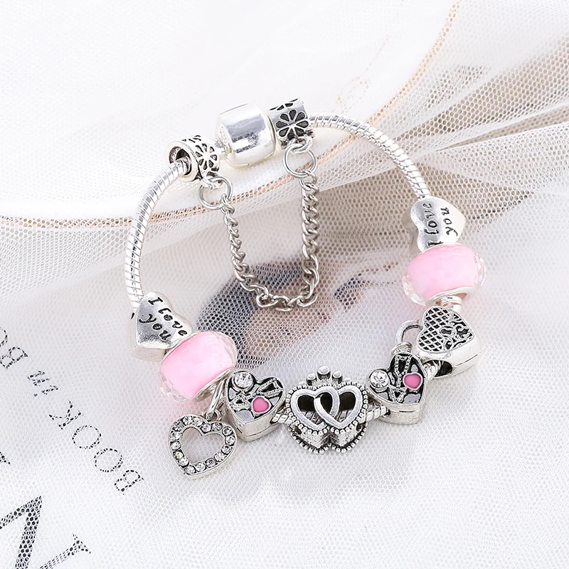 BAOPN Européen Rose Coeur À Coeur Perles Charme bracelets pour femme Ajustement Marque Bracelet et Bracelet Couple Bijoux livraison directe