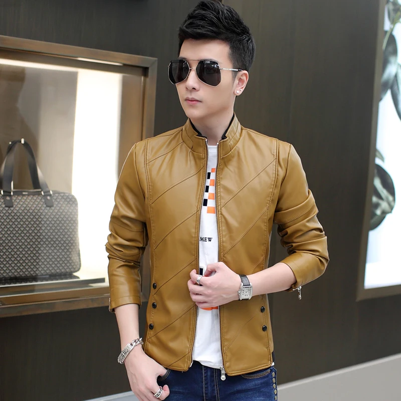  Fashion Men's Long Sleeve PU Jacket Black Red Yellow Upscale Casual Men Twill Coat Size S M L XL 2X
