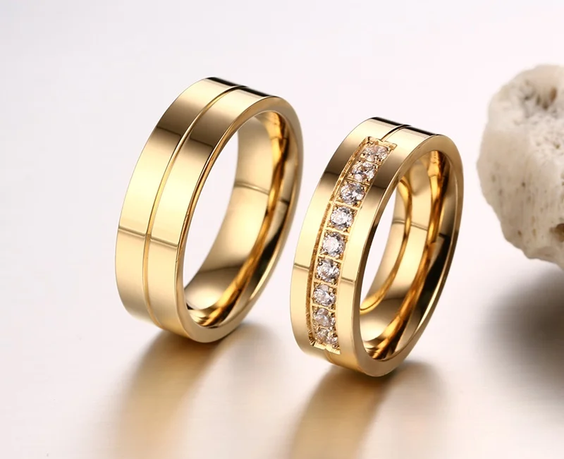 NHGBFT 6mm wide Stainless steel Gold Color CZ Ring for women mens Wedding Couple Ring jewelry Dropshipping