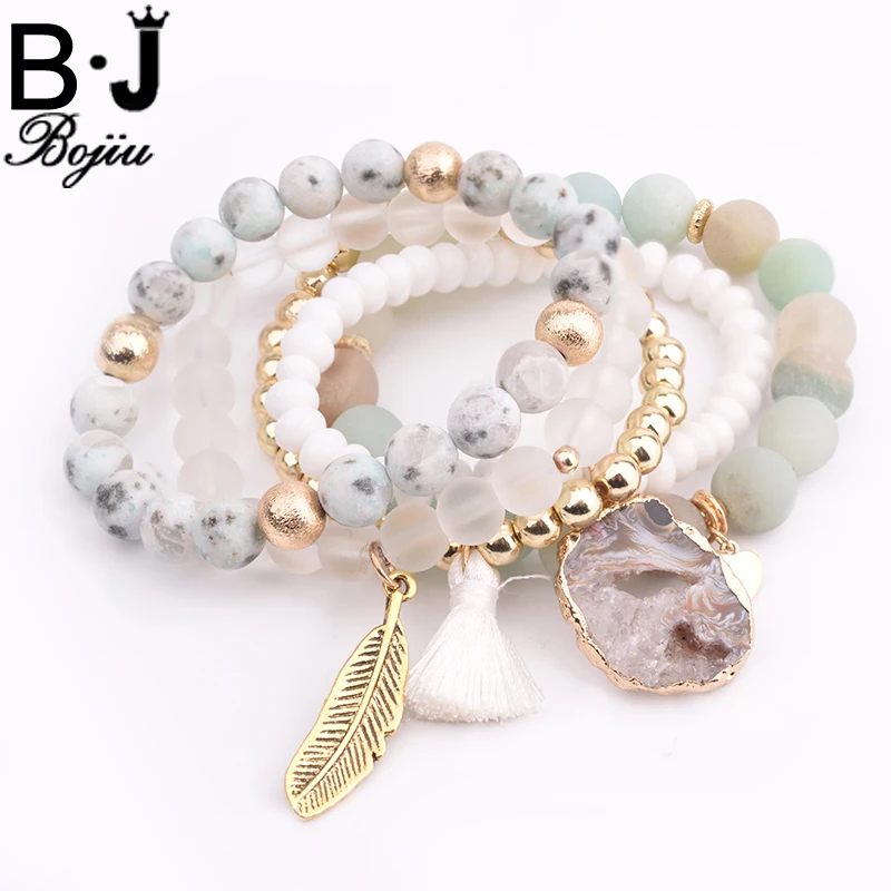 BOJIU Trendy Women Bracelet Set Natural Ag. Stone Druzy Stone Exquisite Leaf Pendant Bracelet Sets Festival Gifts BCSET20