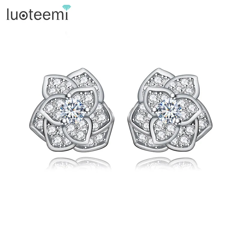 

LUOTEEMI Trendy Statement Rose Flower Cubic Zircon Champagne Gold-Color Stud Earrings For Women Luxury Brincos