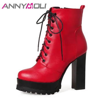 

ANNYMOLI Female Boots Women Boots Winter Zipper Super High Heel Ankle Boots Lace Up Platform Short Ladies Shoes Large Size 33-43
