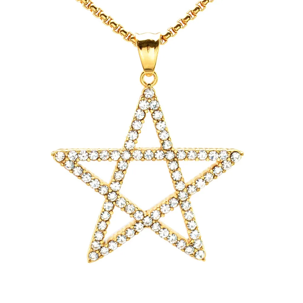 

Punk Gold Tone Silver Tone Stainless Steel Pentagram Five-Pointed Star Crystal Pentacle Pendant Necklace