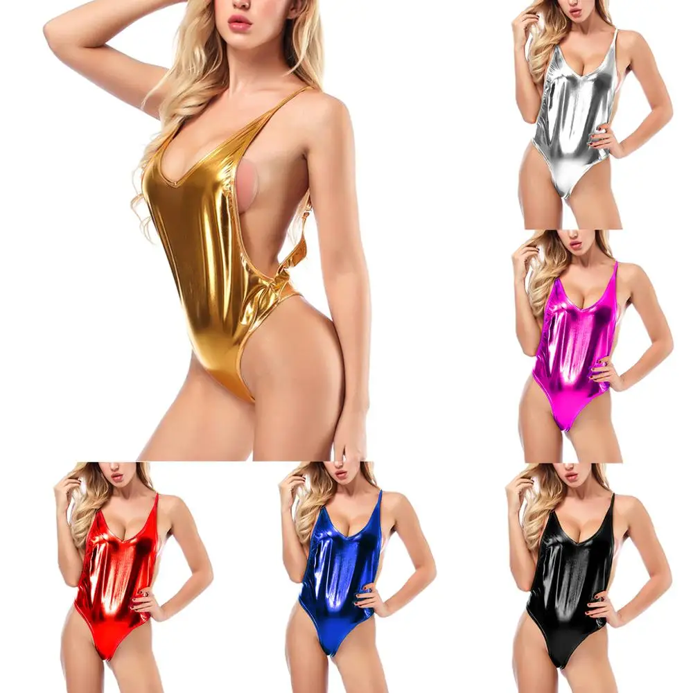 

Womens One Piece Latex Catsuit Bodysuit Sexy Wetlook Patent Leather Costumes Halter Backless High Cut Leotard Body Suit Clubwear