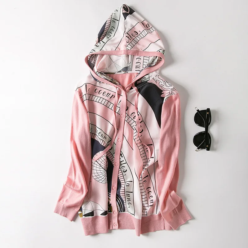 

In the spring of 2019 new women's clothing wholesale hooded draw string to semicircle printed silk knitted cardigan