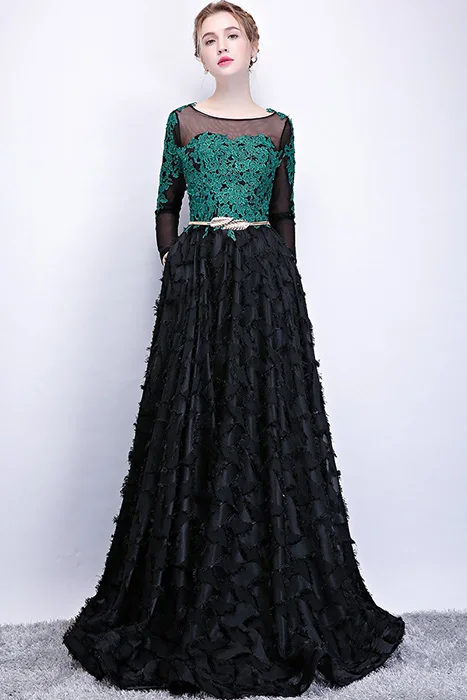 DEERVEADO A Line торжественное вечернее платье с длинными рукавами вечернее платье с прозрачной спинкой торжественное платье vestido de festa YS448 - Цвет: Black with Belt