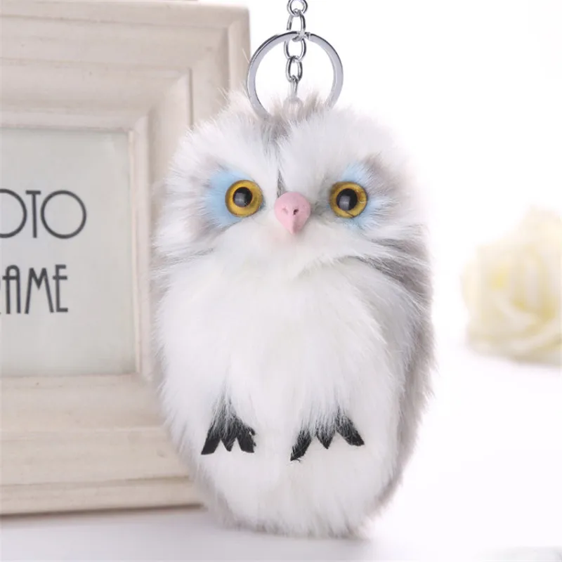 

15CM Cute Fluffy Owl Keychain & Pendant Women Key Ring Holder Faux Bunny Rabbit Fur Pompoms Key Chains For Handbag 2C0268