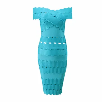 

Women Summer Off the Shoulder Sexy Hollow Out Skyblue Rayon Bandage Dress Designer Party Dresses