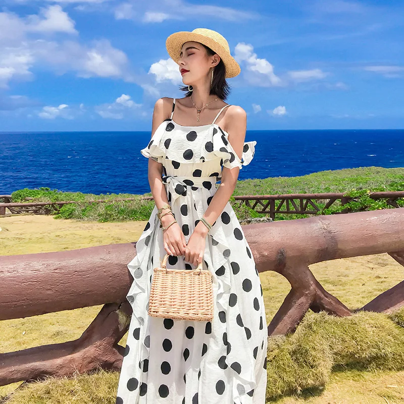 

Vintage Woman Dots Print Chiffon Dress Woman Strap Ladies Maxi Beach Dresses Ruffle Woman Casual A-line Dress New 2019