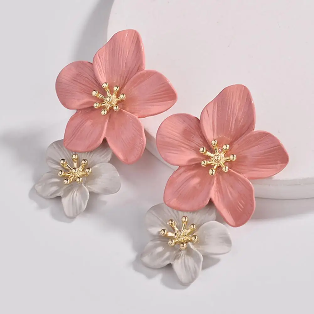 

Fashion Double Flower Enamel Drop Dangle Women Stud Earrings Party Jewelry Gift hot