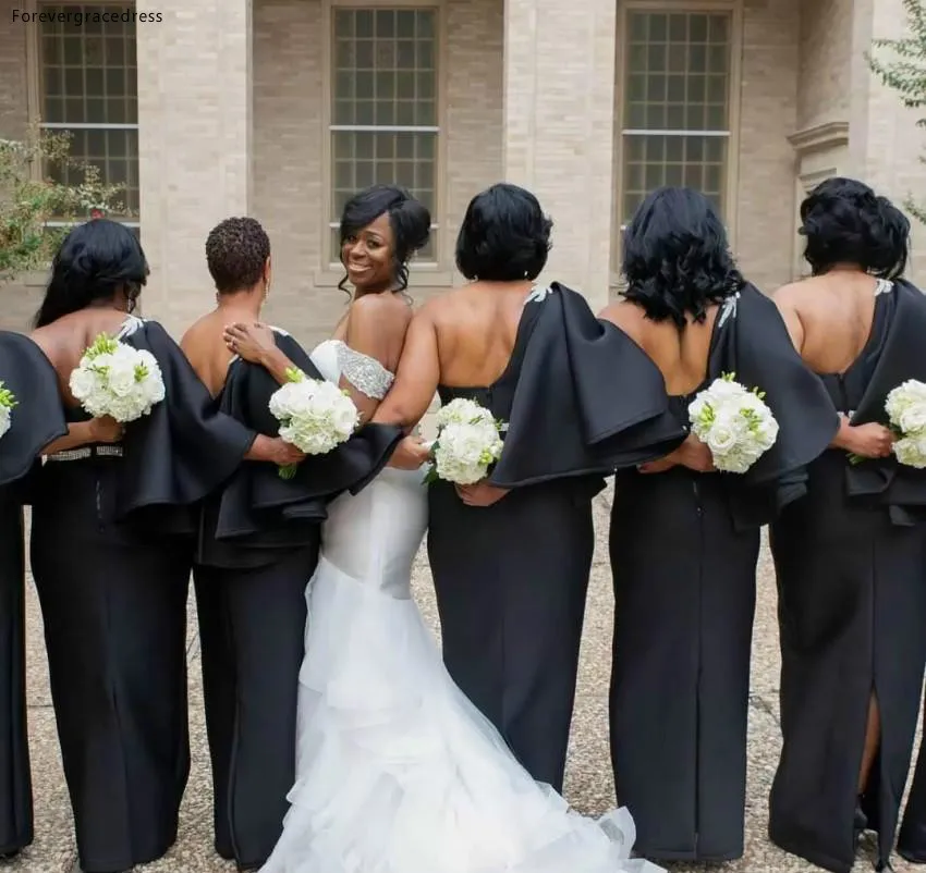 Latest Black African Arabic Bridesmaids Dresses 2019 One Shoulder Appliques Beaded Sash Long Wedding Guest Gowns Plus Size  110 (4)