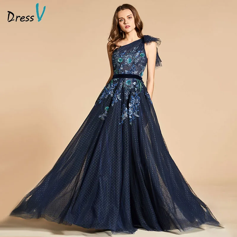 Dressv синее вечернее платье трапециевидной формы элегантное кружевное платье в пол на одно плечо на молнии свадебное вечернее платье - Цвет: As the picture