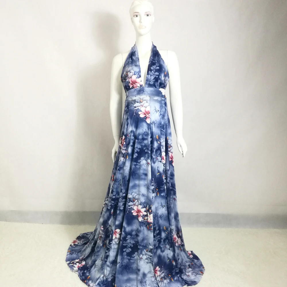 D&J New V-neck Blue Floral Print Casual Dress OR Maternity Photography Prop Dresses Pregnancy Cloth Maxi Dress Fotografia Robe