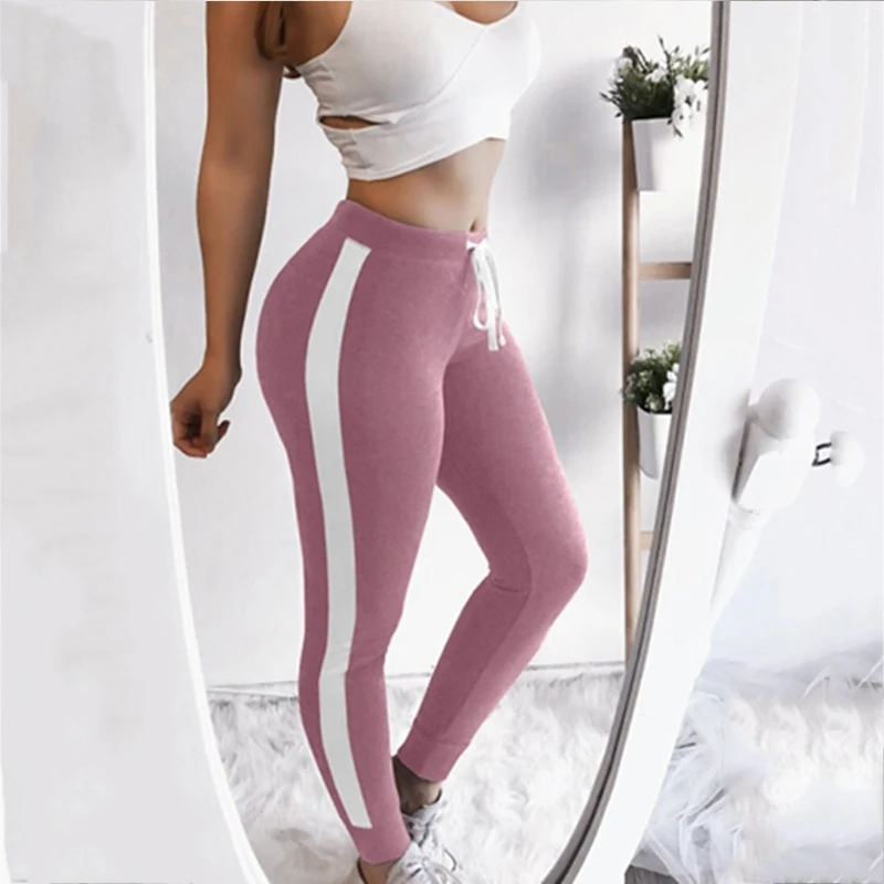 

Army Green pink Tape Side Sporty Leggings Women High Waist Drawstring Long Pants 2019 Spring summer Active Workout Leggings
