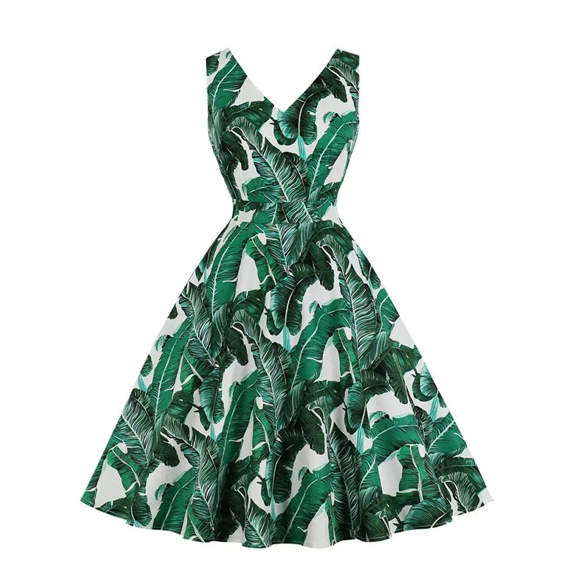 Летнее зеленое платье с принтом в стиле ретро 2019, женское платье с открытой спиной, сексуальное платье с v-образным вырезом, ТРАПЕЦИЕВИДНОЕ