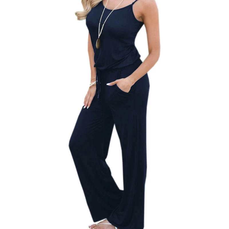 

Summer Spaghetti Strap Jumpsuits New Women Rompers Red Casual Jumpsuit Female Overalls Loose Wide Leg Long Pants 2XL Plus Size