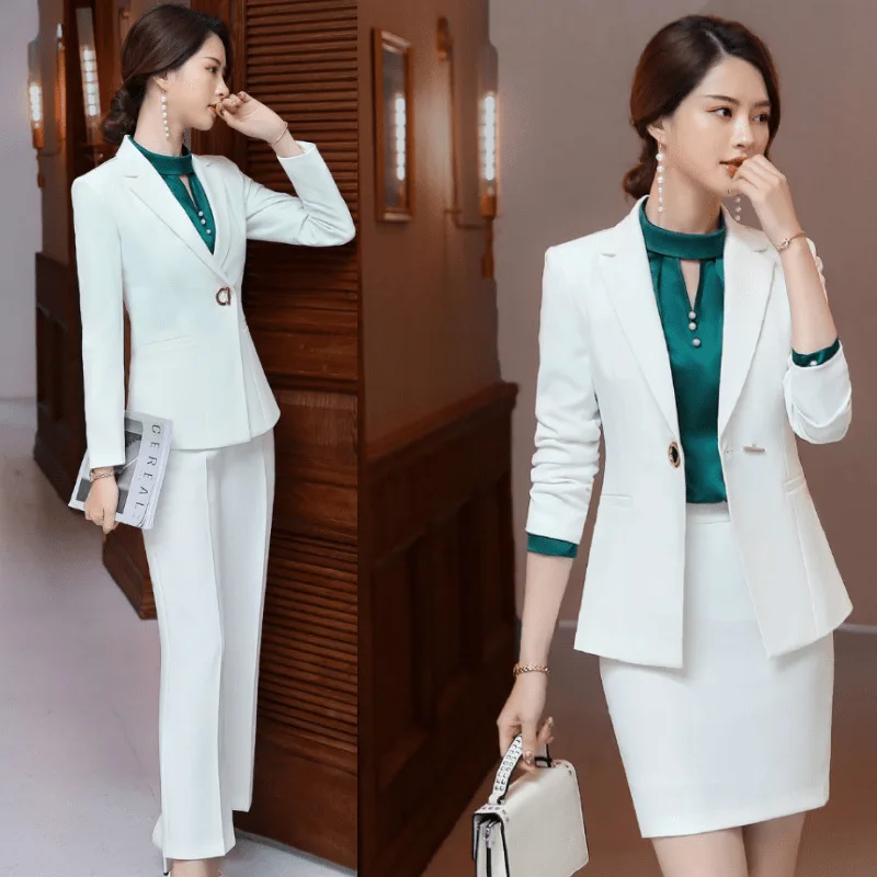 

Professional Women's Suit Set 2019 Autumn New White Temperament Small Suit Joker Pants Slim Short Skirt Two-piece High Quality
