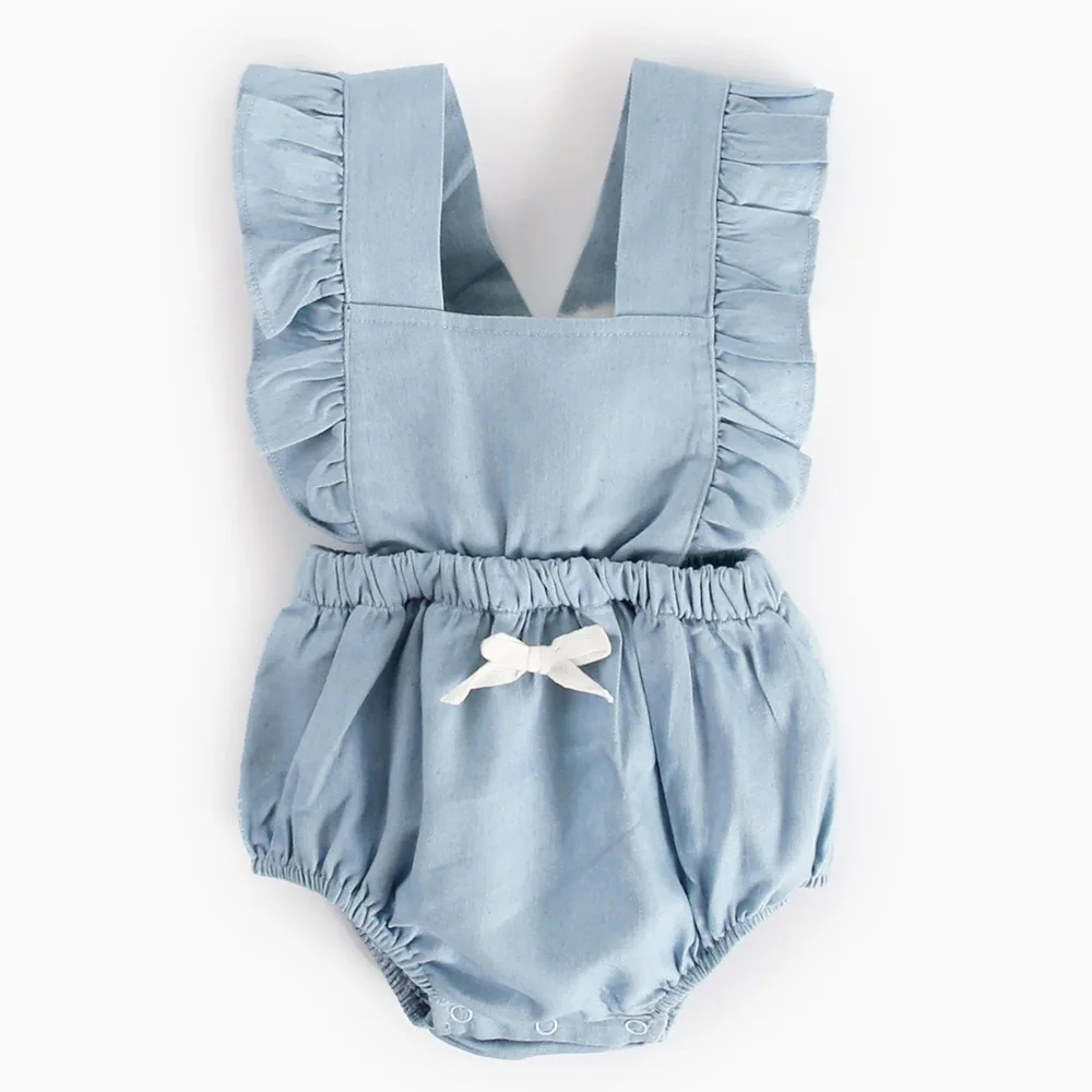 100 Brand Baby Girls Clothes Cotton Backless Denim Onesie 2018 Ruffle Sleeveless Summer Newborn