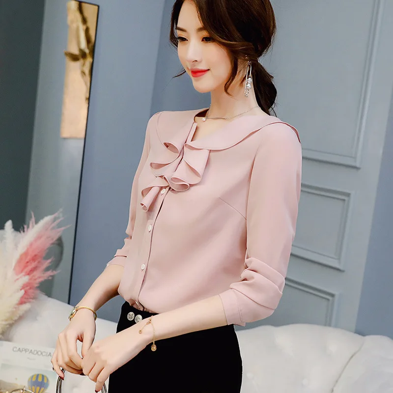 Женские шифоновые блузки, осенняя рубашка, модная блузка с отложным воротником и длинным рукавом, офисные женские рубашки с оборками, Blusas Mujer, розовые