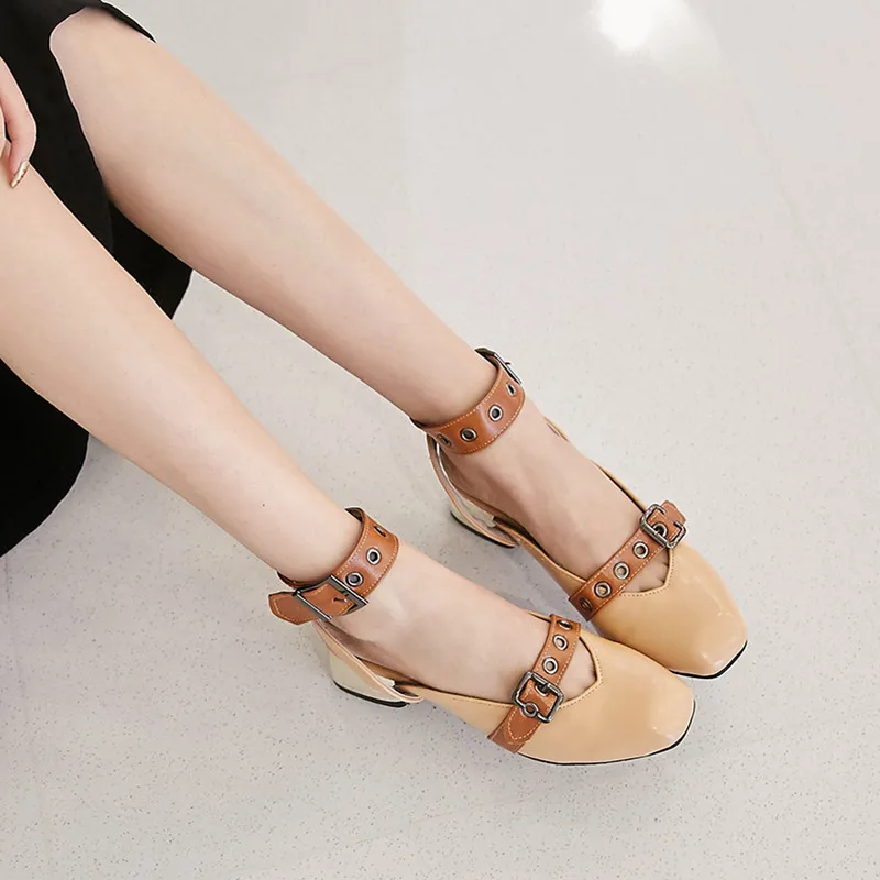 

YMECHIC Lady Punk Buckle Strap Rivet Medium Hoof Heels Shoes Mary Jane Ankle Strap Black Beige Plus Size Womens Summer Shoe 2018