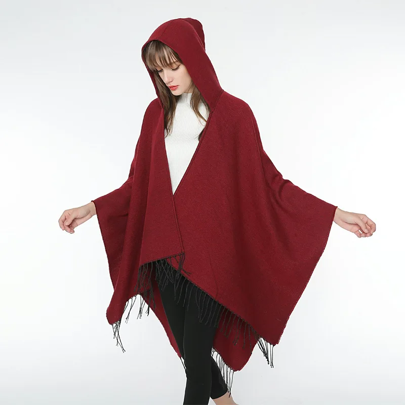 

Burgundy Hooded Cashmere Poncho Winter Warm Wrap Shawl Woman Large Size Capes Vintage Cloak Stole Designer Brand Luxury Women