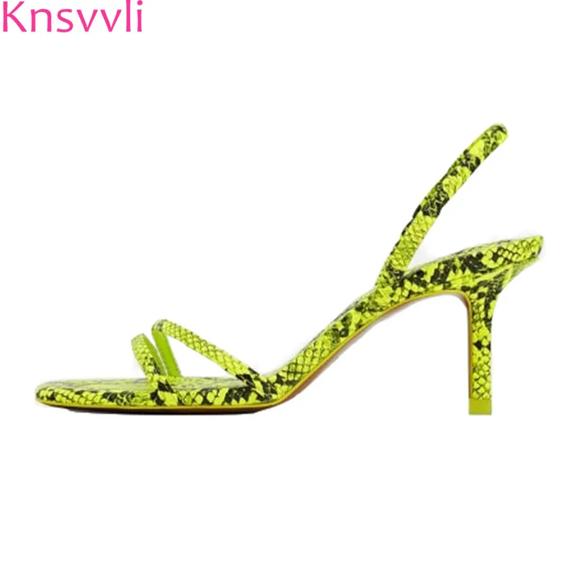 

2019 new snake pattern one strap sandals women peep toe back strap microfiber summer shoes woman fluorescent green runway shoes