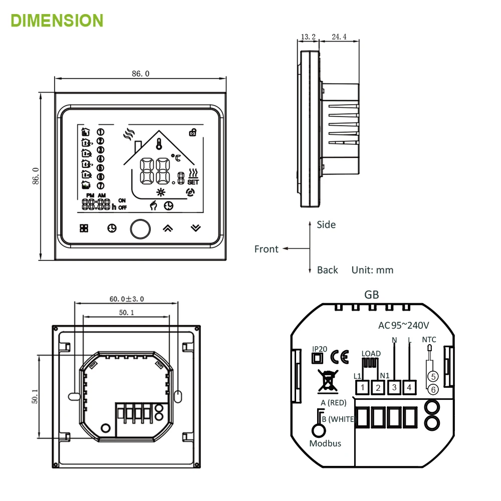 Modbus-통신 전기 난방 LCD 터치 NTC 센서, 16A, 프로그램 가능한 실내 온도 조절기