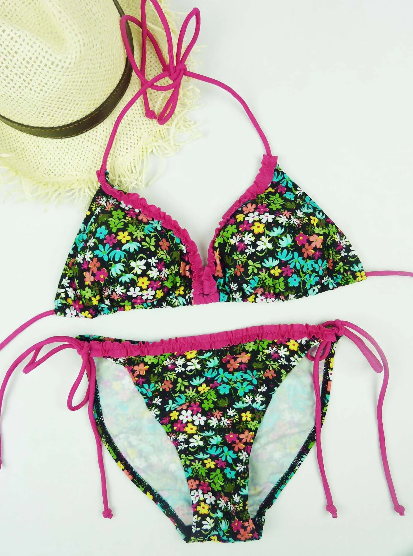 Black yellow small laciness bikini split large push up female swimwear bikiniswimwear black